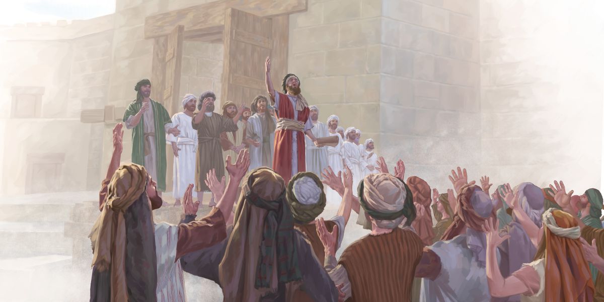 Esdras alaba a Jehová en la plaza pública, y el pueblo levanta las manos para mostrar que está de acuerdo