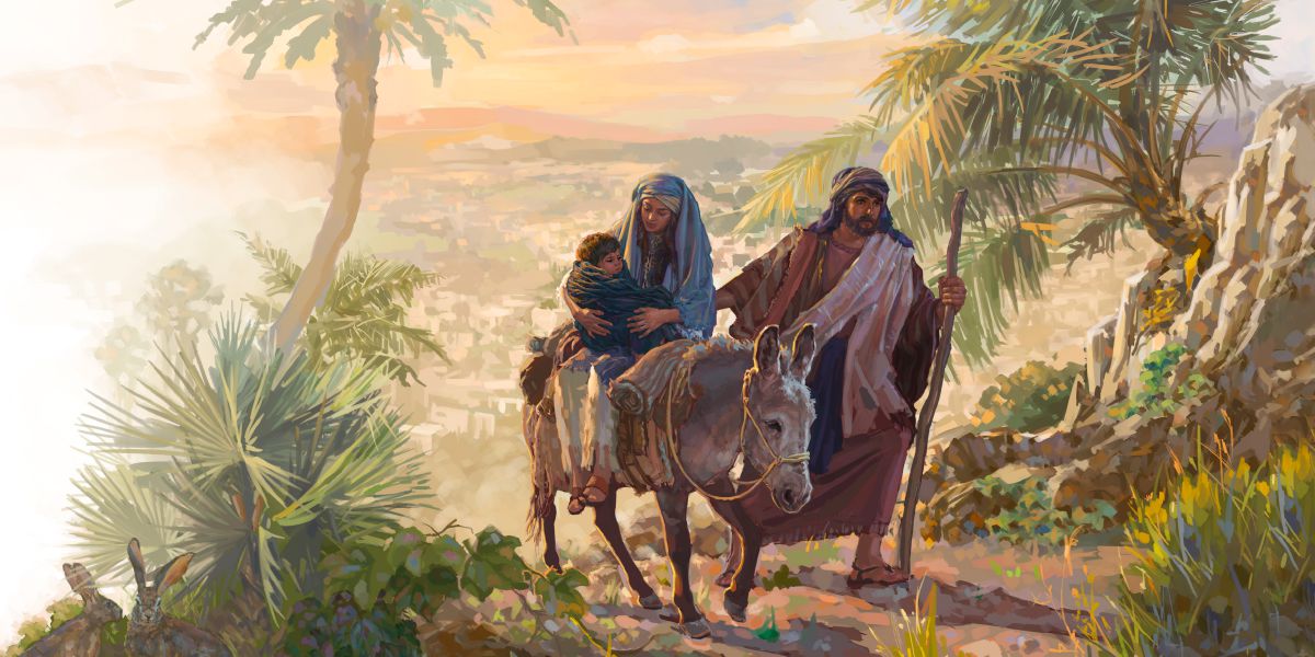 María y el niño Jesús van montados en un burro, y José camina al lado de ellos