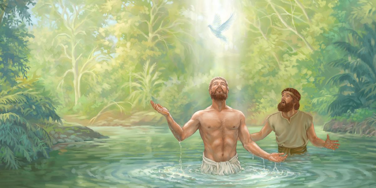 Después que Juan bautiza a Jesús, el espíritu de Jehová baja sobre él como una paloma