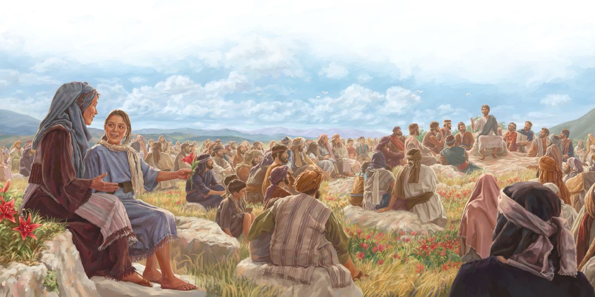 Jesús da el Sermón del Monte ante un gran grupo de personas