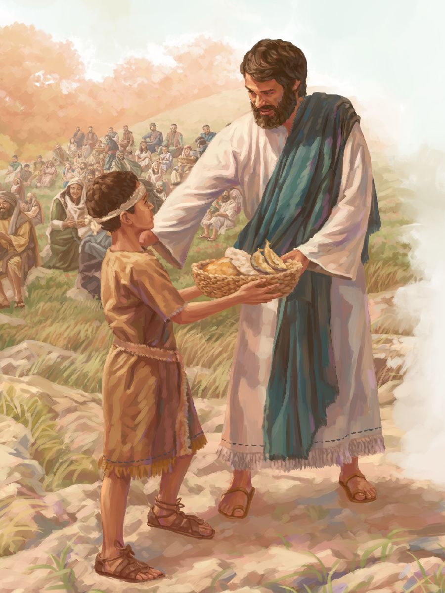Un niño da a Jesús una canasta con panes y pescados