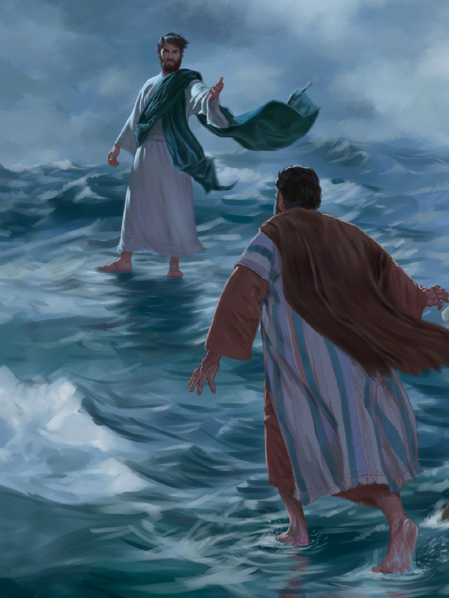 Jesús camina sobre el agua y le dice a Pedro que vaya hacia él