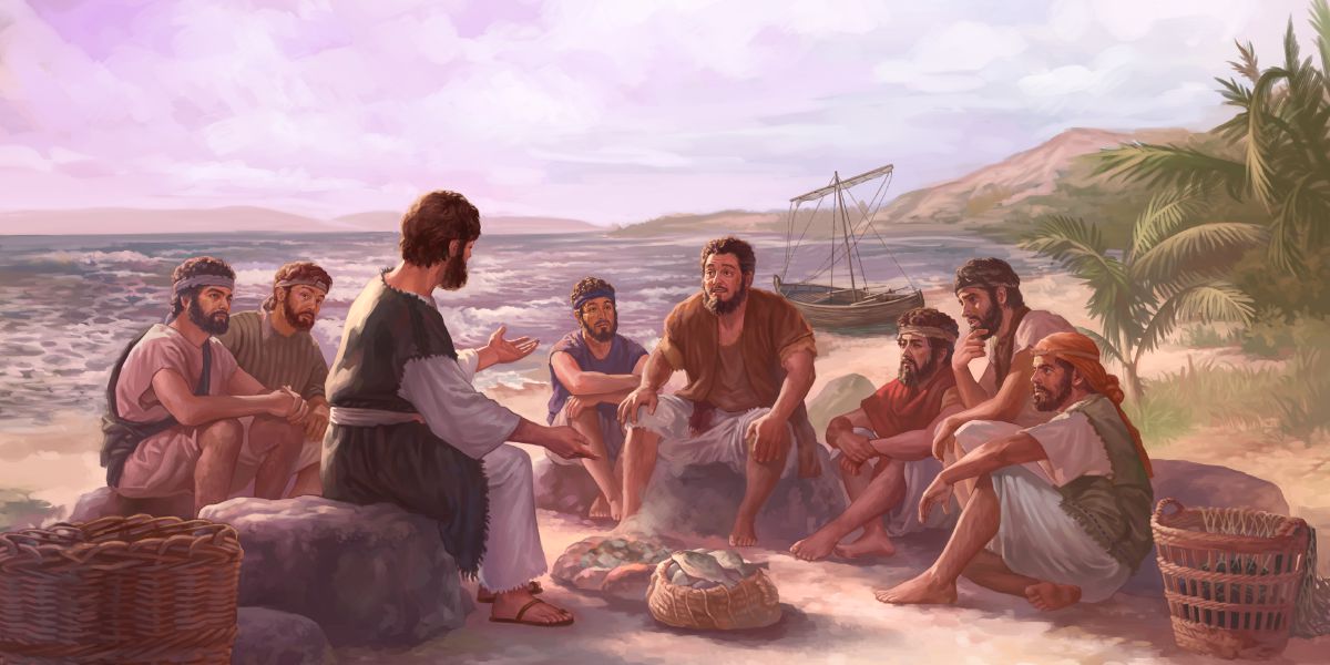 Jesús conversa con sus discípulos mientras cocina pescado sobre el fuego