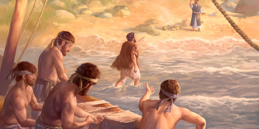 Pedro se acerca a Jesús en la orilla, y los otros discípulos lo siguen en la barca