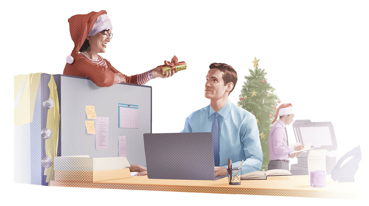 Una compañera de trabajo dándole un regalo de Navidad a un hermano.