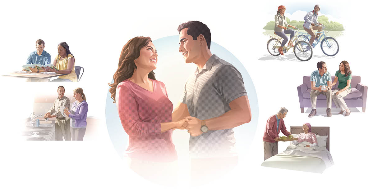 Un esposo y su esposa tomados de la mano y mirándose a los ojos. Imágenes de parejas felices fortaleciendo su matrimonio de diferentes maneras. Las escenas de esta serie se repiten en esta lección.