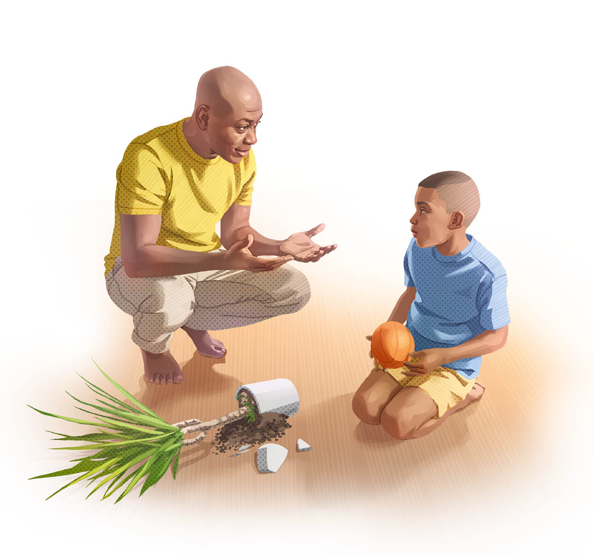 Un padre en cuclillas hablando con su hijo, que tiene una pelota en las manos. Una maceta rota tirada en el suelo.
