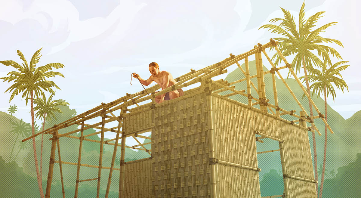 Un hombre atando un tejado de bambú a la estructura principal de una casa que él mismo está construyendo en una zona tropical.
