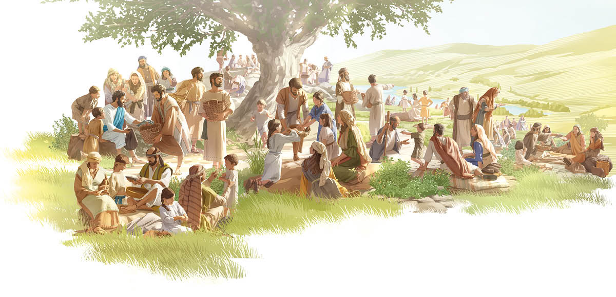 Jesús alimentando milagrosamente a miles de hombres, mujeres y niños tras multiplicar cinco panes y dos pescaditos. Los discípulos los distribuyen entre la gente.