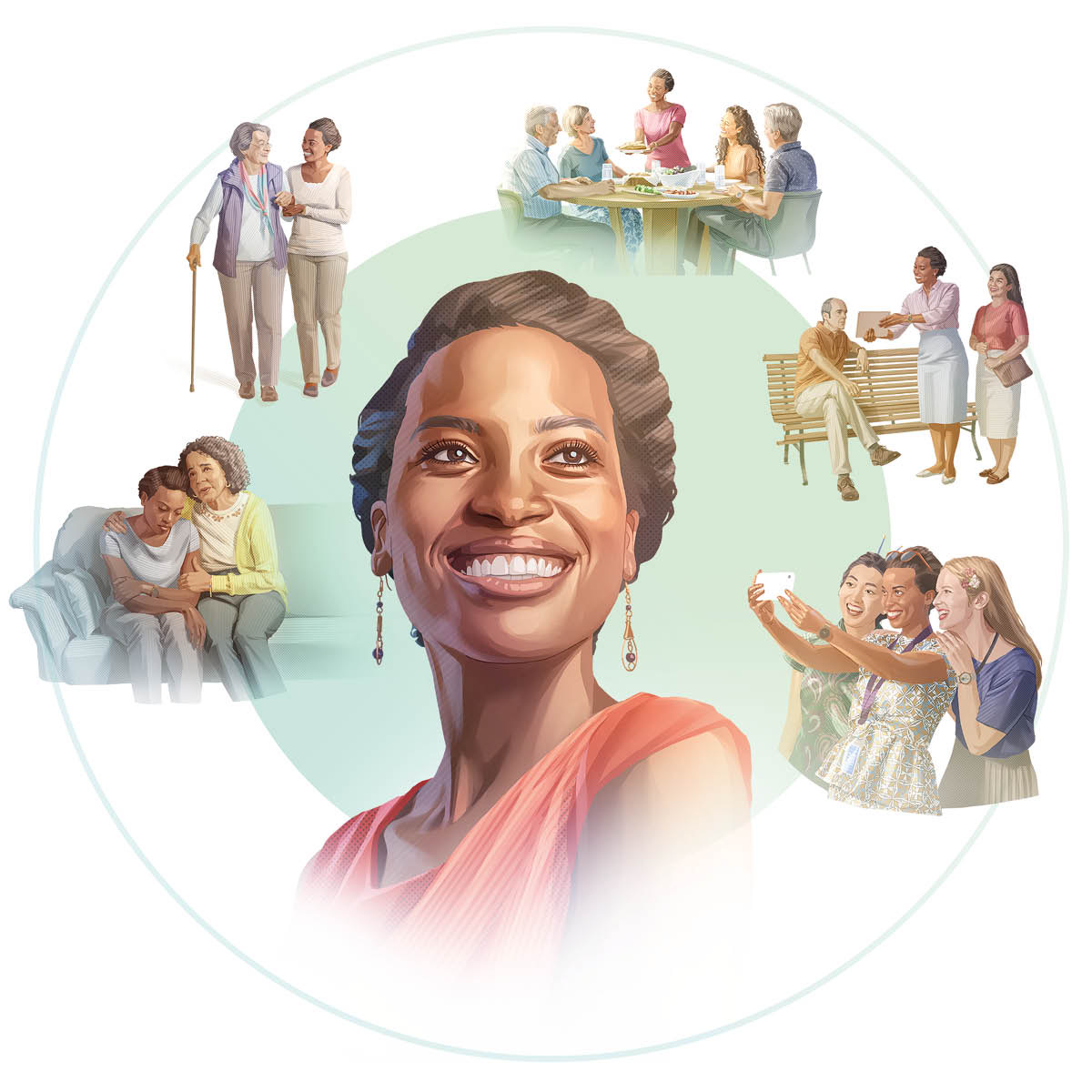 Imágenes de una hermana bautizada que se siente feliz al pensar en la buena relación que tiene con los hermanos de la congregación: 1. Contándole algo personal a una hermana. 2. Ayudando a una hermana mayor a caminar. 3. Disfrutando de una comida con amigos de diferentes edades. 4. Predicándole a un hombre acompañada de otra hermana. 5. Tomándose una selfi en una asamblea con otras dos Testigos de diferentes razas.