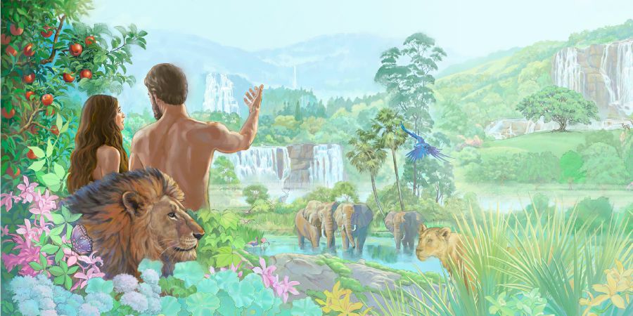 Adán y Eva mirando su hogar, el jardín de Edén