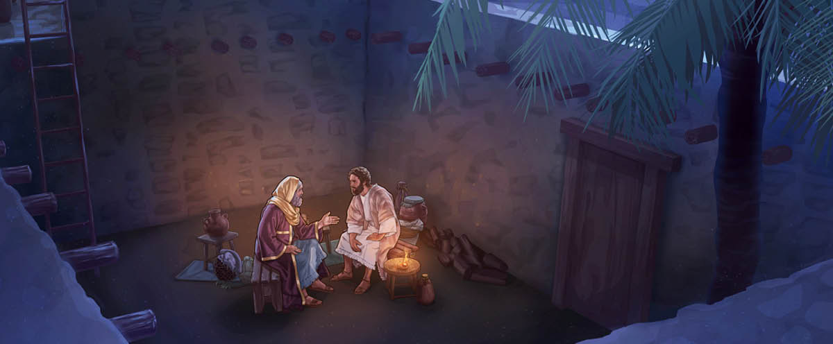 Jesús y Nicodemo hablan en un patio por la noche.