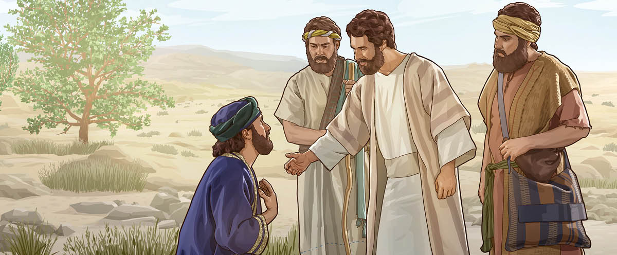 Jesús le habla con cariño a un hombre que está arrodillado delante de él y sus discípulos.