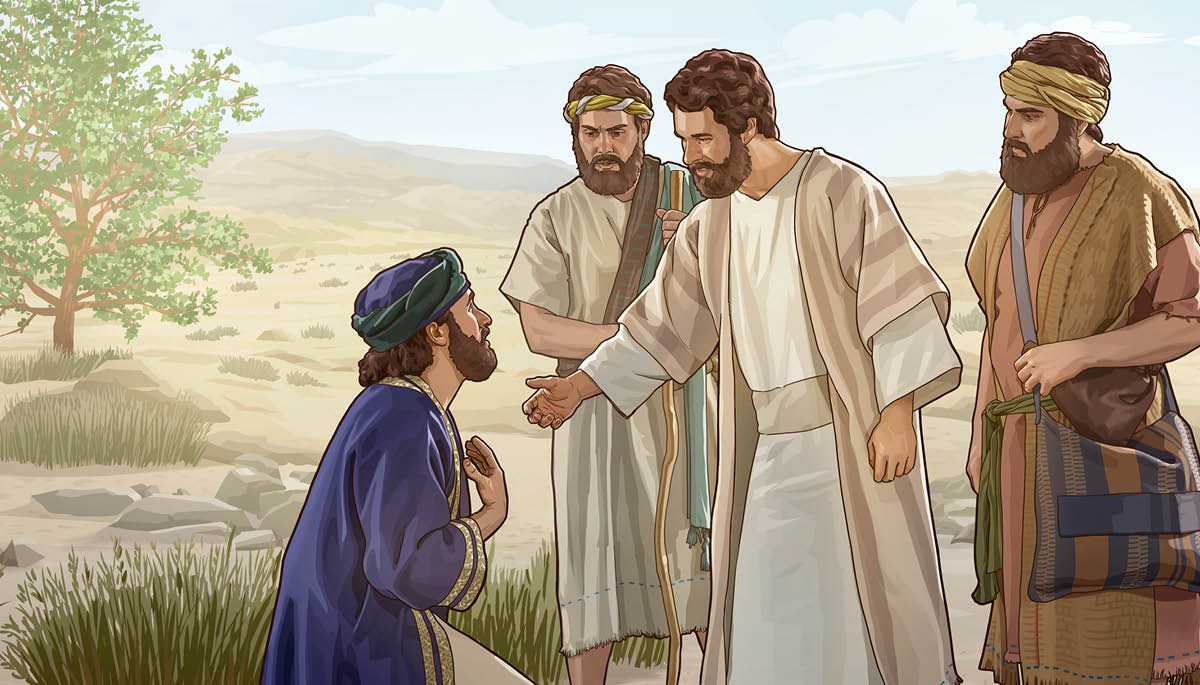 Jesús le habla con cariño a un hombre que está arrodillado delante de él y sus discípulos.