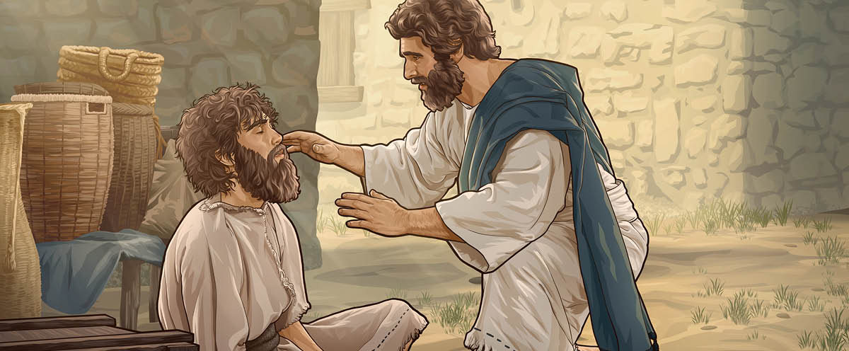 Jesús se acerca con delicadeza a un hombre ciego para curarlo.