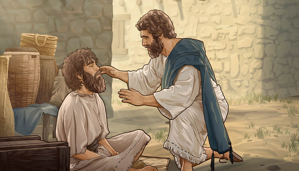 Jesús se acerca con delicadeza a un hombre ciego para curarlo.