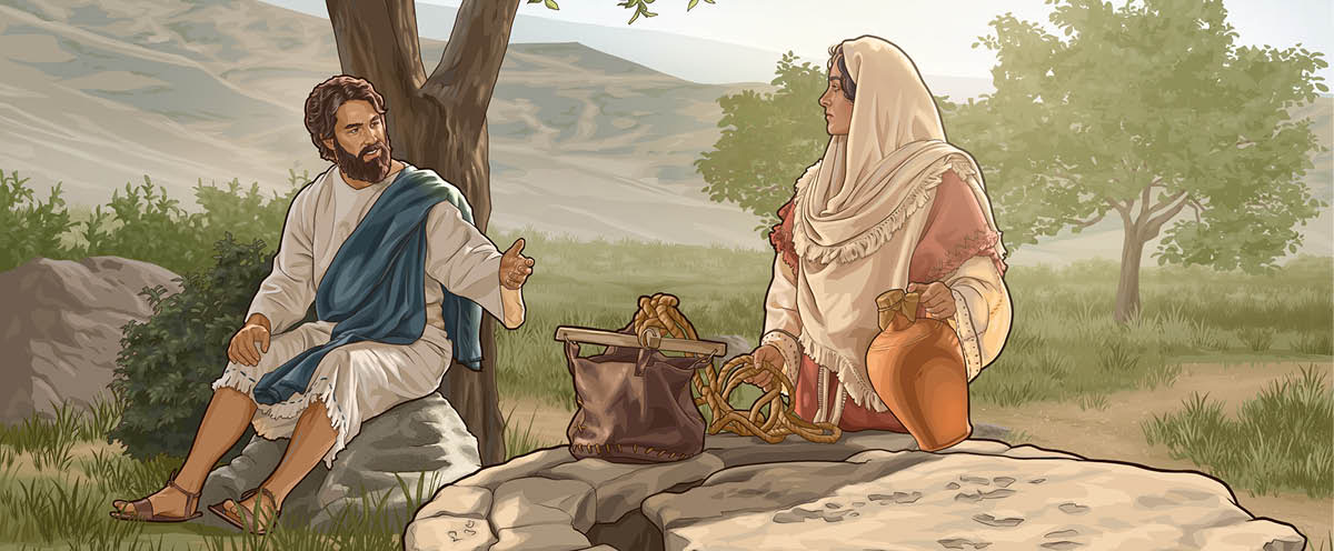 Jesús habla con una mujer en un pozo.