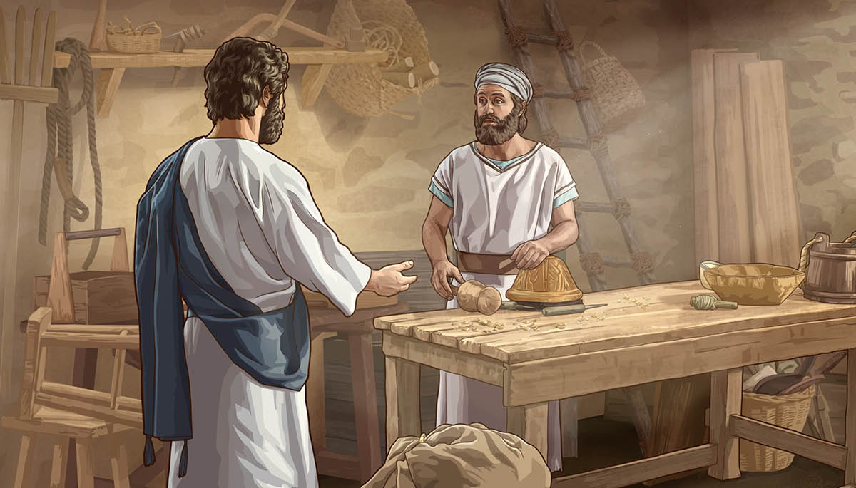 En una carpintería, Jesús se acerca a su hermano Santiago, y él se sorprende al verlo llegar.