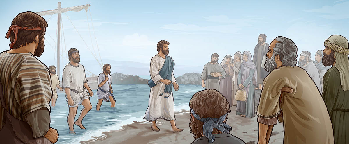 Jesús y sus discípulos se bajan de una barca y caminan hacia una multitud que los está esperando en la playa.