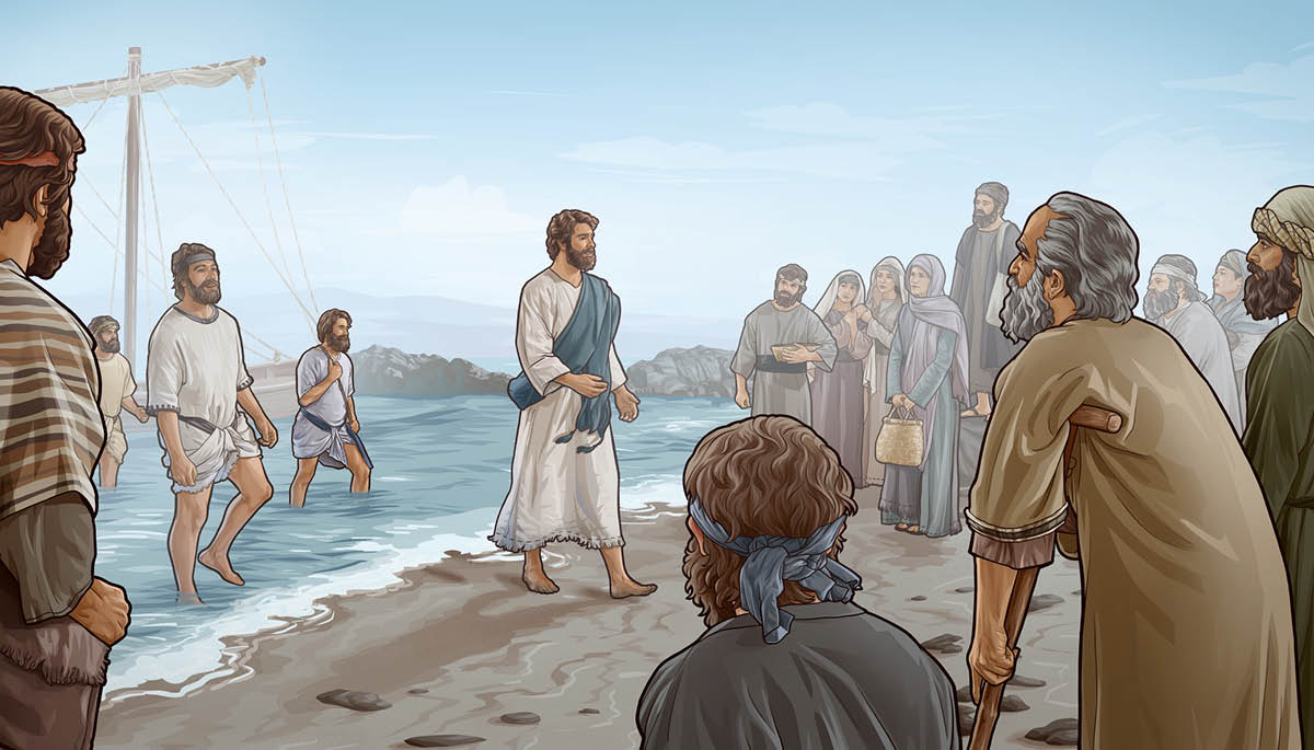 Jesús y sus discípulos se bajan de una barca y caminan hacia una multitud que los está esperando en la playa.
