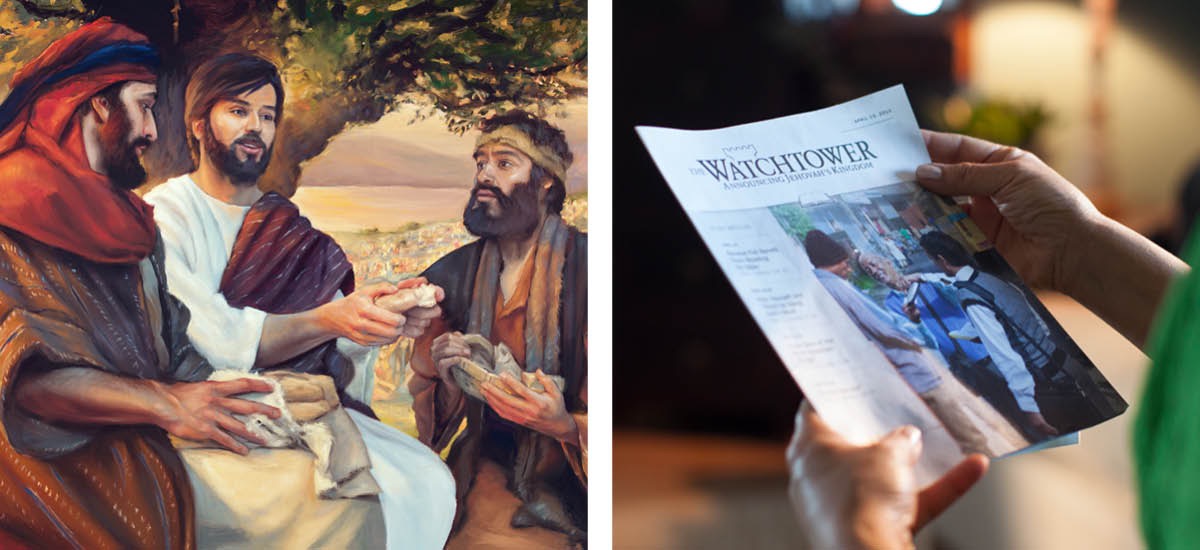 Jesús distribuye el pan a sus discípulos; una revista La Atalaya