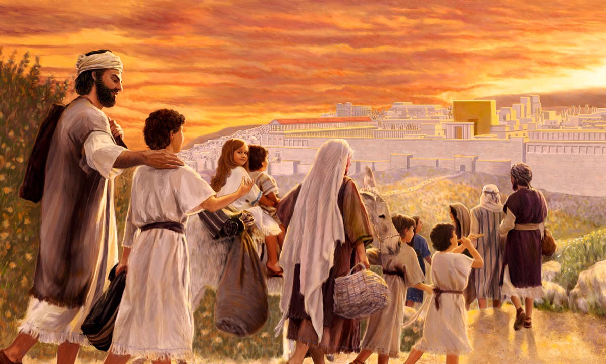 Jesús viaja con sus padres y sus hermanos a Jerusalén para asistir a la Pascua