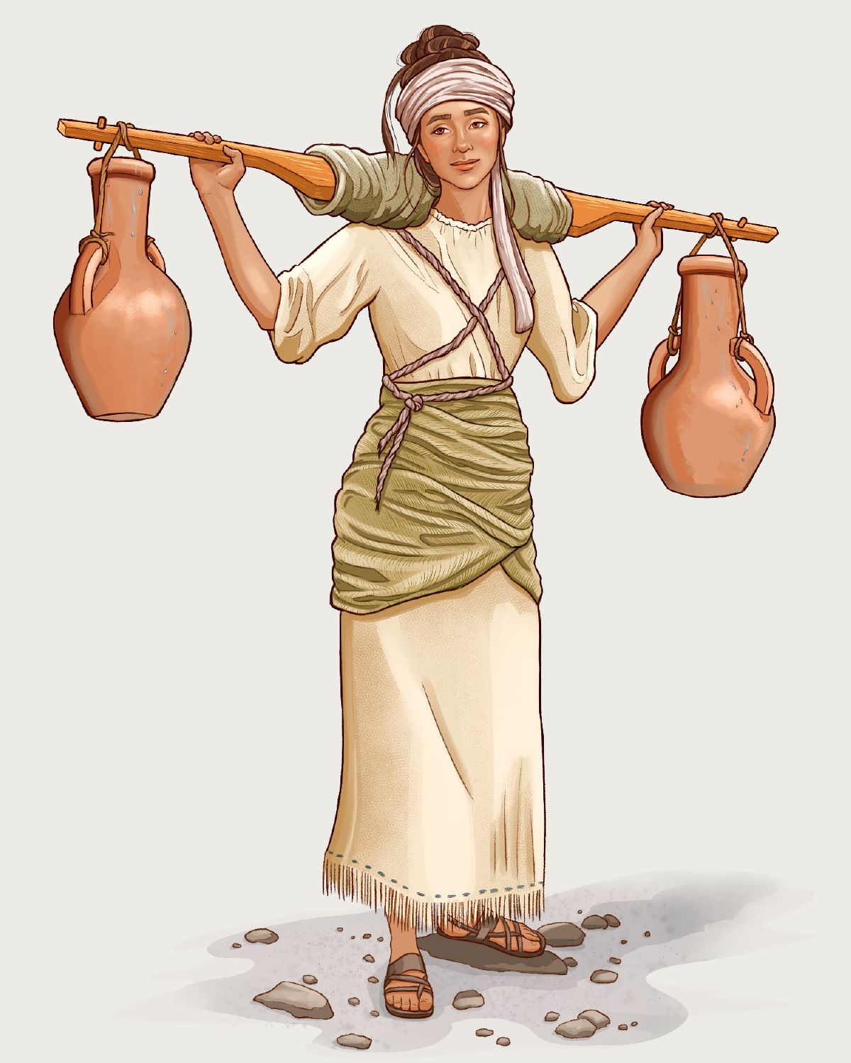 Una mujer de tiempos bíblicos usando un yugo para llevar agua