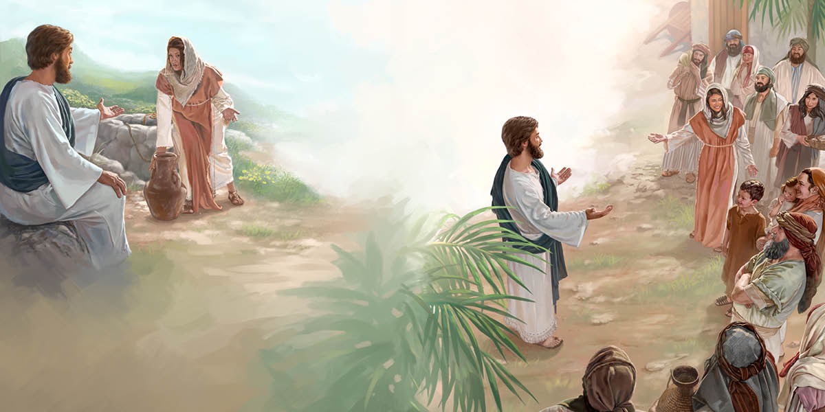 Jesús hablando con una samaritana junto a un pozo. La samaritana hablando de Jesús a otras personas