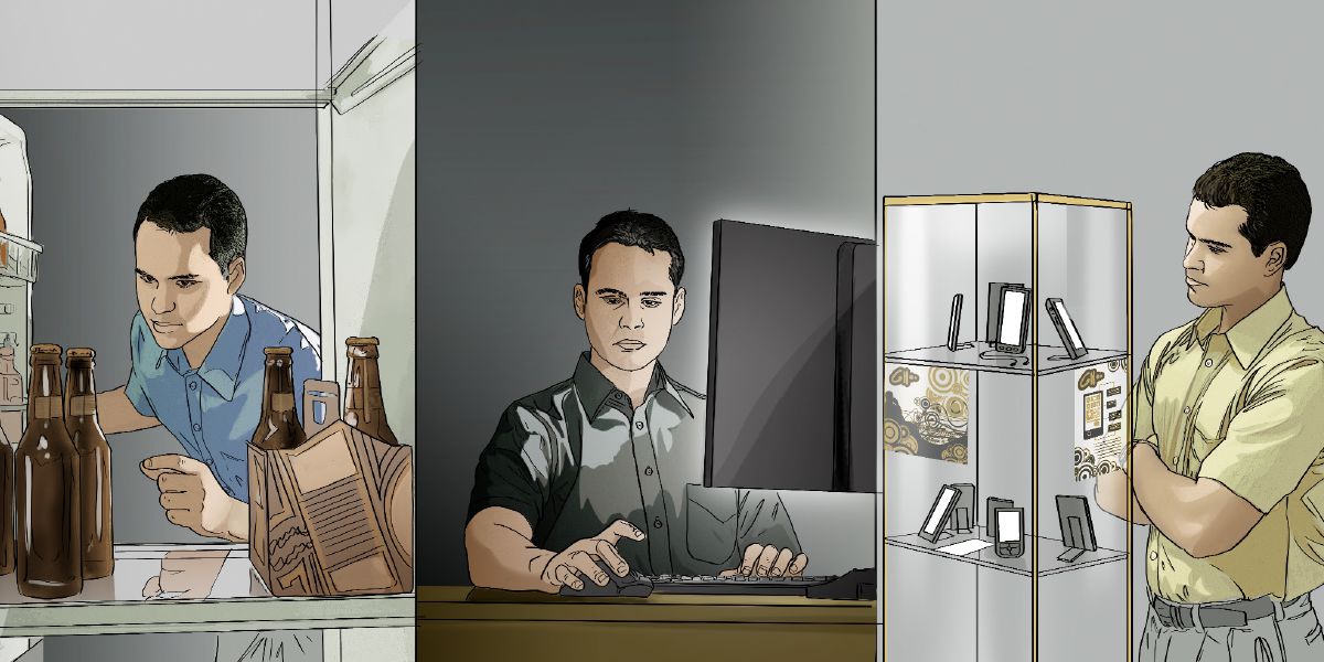 Un hermano decidiendo qué bebida tomar, qué ver en Internet y qué dispositivo electrónico comprar
