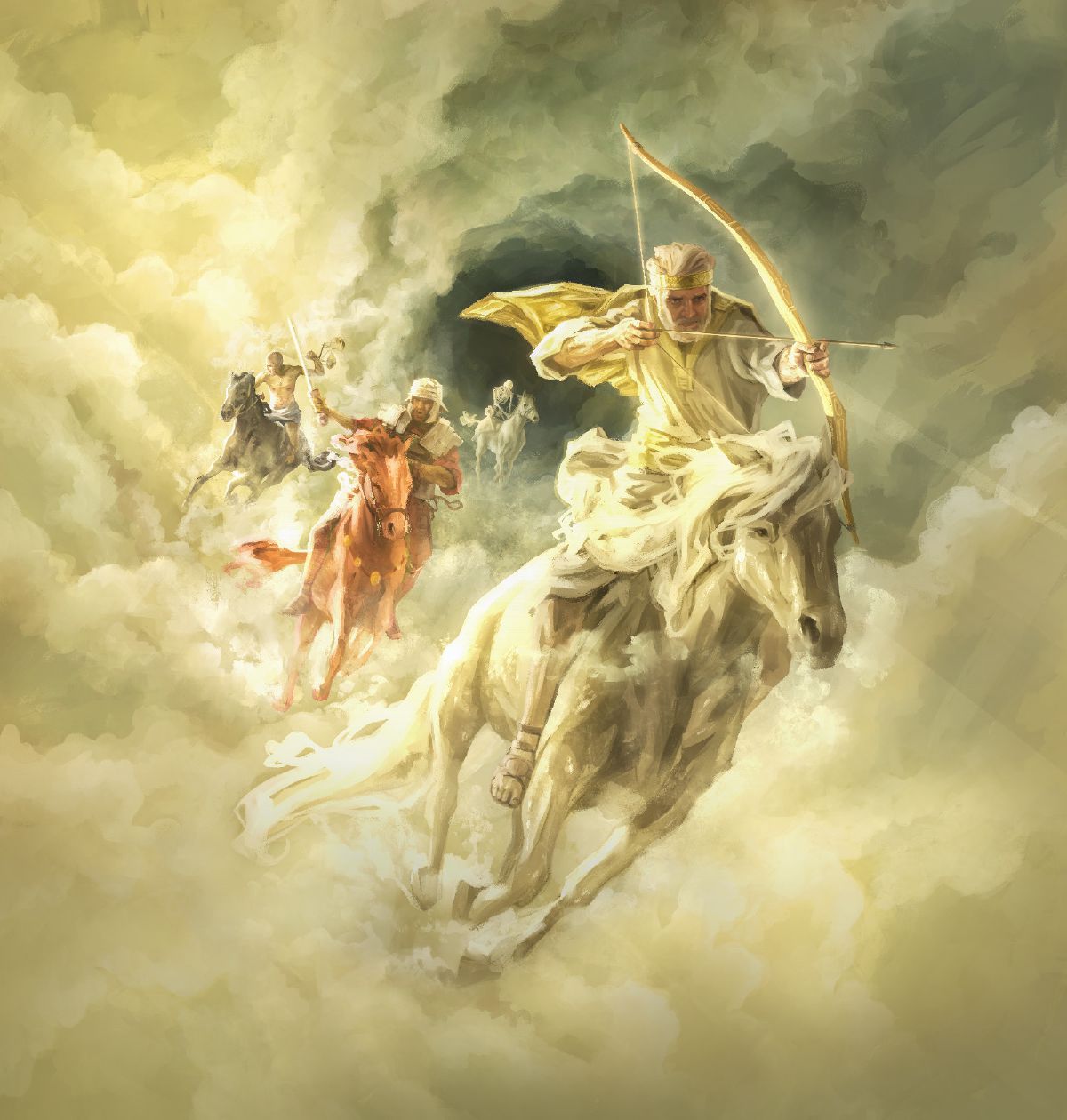 Jesús en el caballo blanco con un arco en la mano. Le siguen el jinete del caballo de color de fuego, el del caballo negro y el del caballo pálido
