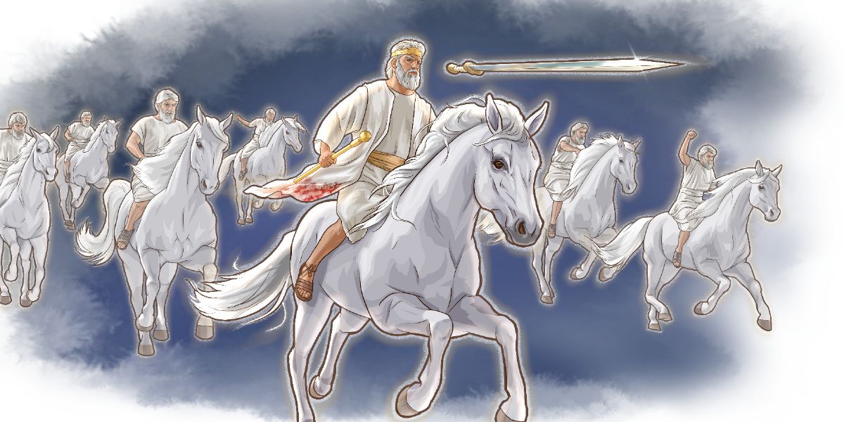 Jesús y su ejército celestial cabalgando sobre caballos blancos. A Jesús le sale una espada larga de la boca