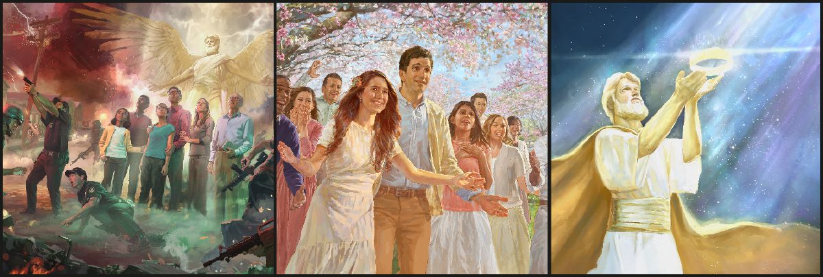 Un ángel protege al pueblo de Dios durante la gran tribulación. Un grupo de personas en el Paraíso. Jesús se quita la corona y entrega el Reino a Jehová