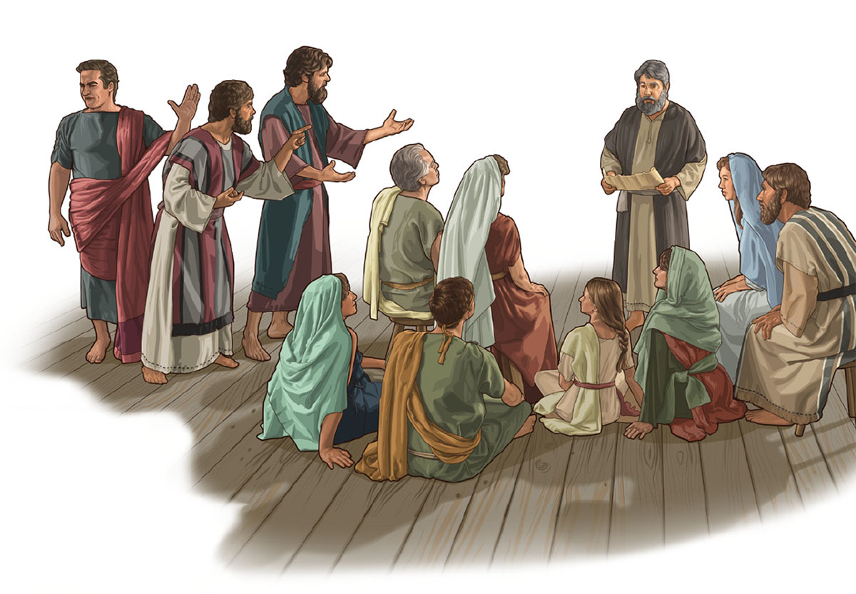 Unos cristianos apóstatas interrumpiendo una reunión de cristianos del siglo primero