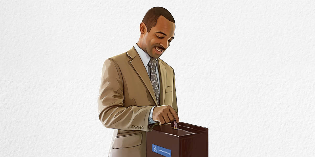Un hermano echando un donativo en la caja de contribuciones.