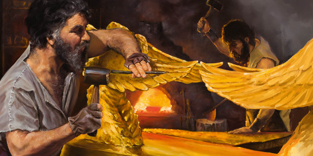Bezalel y Oholiab haciendo objetos de oro para el tabernáculo: uno de ellos tallando un ala de uno de los querubines y el otro dándole forma a una lámina de oro.