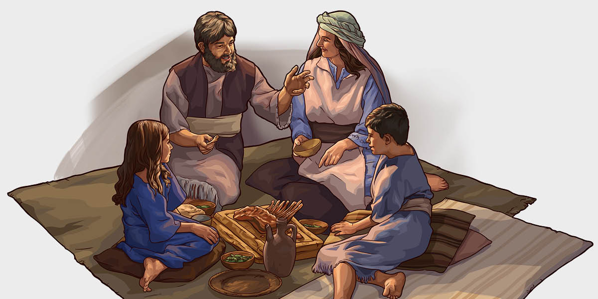 Una familia israelita comiendo el animal que habían ofrecido como sacrificio de paz.