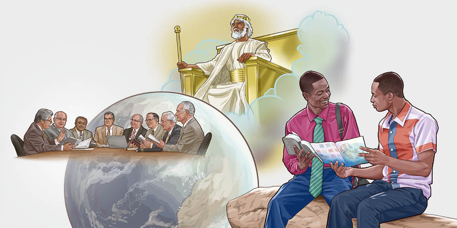 Serie de imágenes: 1. Jesucristo en el cielo gobernando la Tierra. 2. El esclavo fiel y prudente reunido para preparar el alimento espiritual. 3. Un hermano predicándole a un hombre.