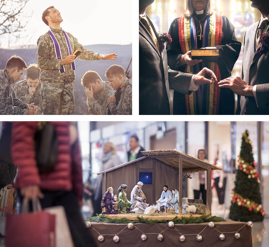 Serie de imágenes que muestra la impureza de este mundo: 1. Un ministro religioso que ora con unos soldados. 2. Una ministra religiosa casando a dos hombres. 3. Una maqueta del nacimiento de Jesús y un árbol de navidad en un centro comercial.