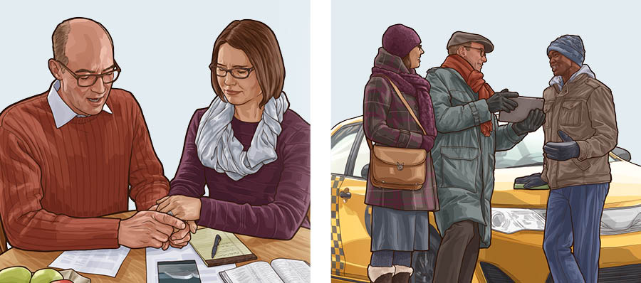 Serie de imágenes: 1. Un matrimonio ora después de prepararse para salir a predicar. 2. El mismo matrimonio predica a un taxista usando una tableta.