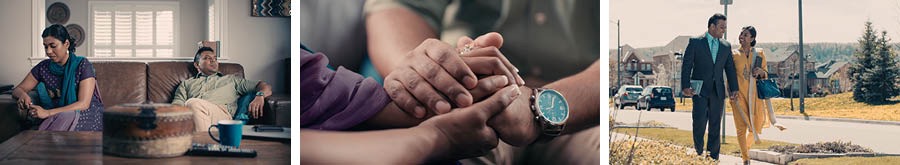 Serie de imágenes del video Cómo fortalecer el matrimonio. Shaan y Kiara se esfuerzan por fortalecer su matrimonio: 1) sentados en el sofá, uno lejos del otro; 2) sujetándose las manos con cariño; 3) predicando felices