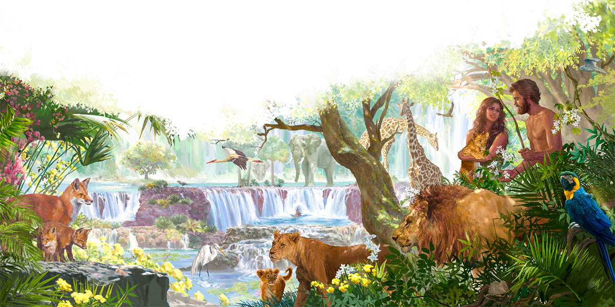 Adán y Eva en el Paraíso, rodeados de animales, árboles y cascadas