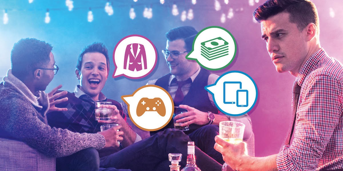 Un hermano bebiendo con sus compañeros después del trabajo. Escucha con preocupación mientras hablan de la ropa, videojuegos, dinero y tecnología