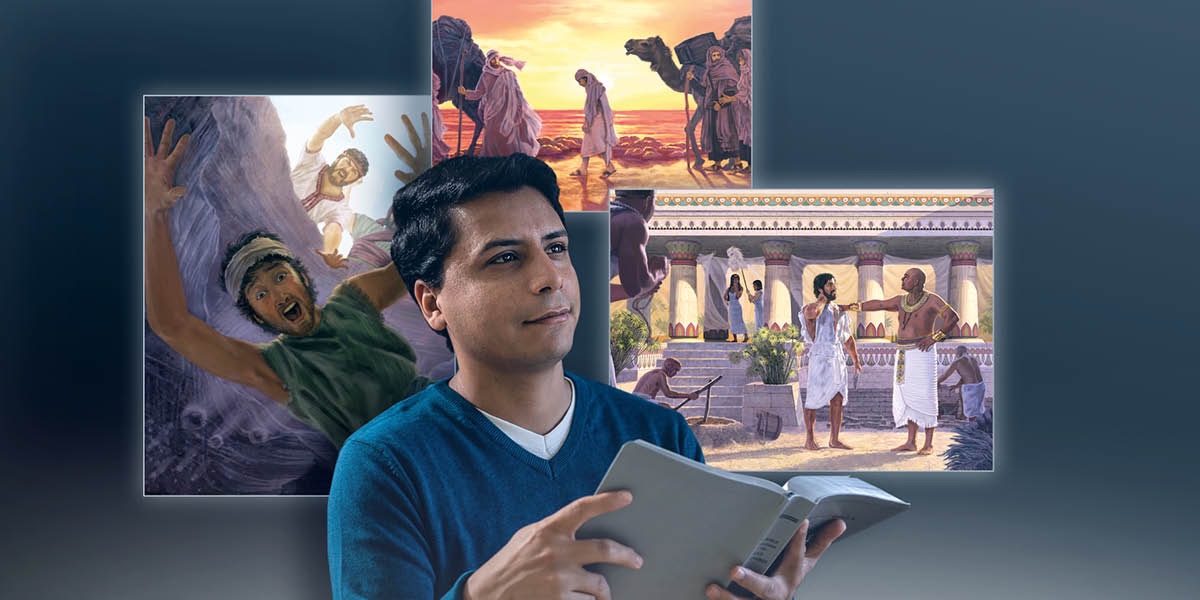 Serie de imágenes: un joven imaginando lo que acaba de leer en la Biblia sobre José 1) José cayendo en una cisterna sin agua; 2) José caminando con un grupo de madianitas en dirección a Egipto; 3) la esposa de Potifar mirando de lejos a José, quien está hablando con el esposo de ella
