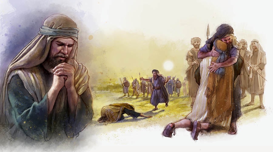 Serie de imágenes: Jacob dando los pasos para arreglar los asuntos con Esaú 1) Jacob orando; 2) Jacob inclinándose ante Esaú; 3) Esaú abrazando a Jacob