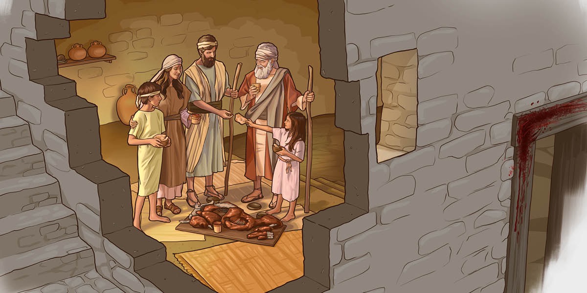 Una familia israelita de pie comiendo la cena de Pascua antes de salir de Egipto
