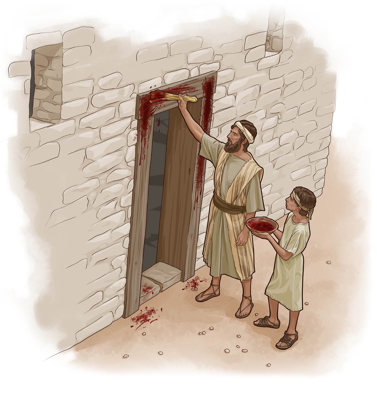 Un israelita con su hijo salpicando con sangre el marco de la puerta de su casa