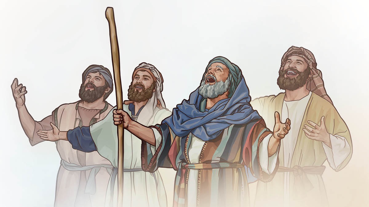 Moisés y un grupo de israelitas cantándole una canción de victoria a Jehová