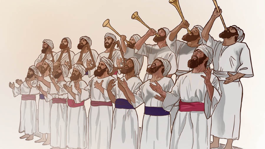 Un grupo de levitas tocando trompetas y cantándole a Jehová para alabarlo