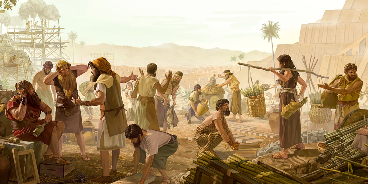 Los constructores de la torre de Babel no pueden entenderse porque Jehová les confundió el idioma