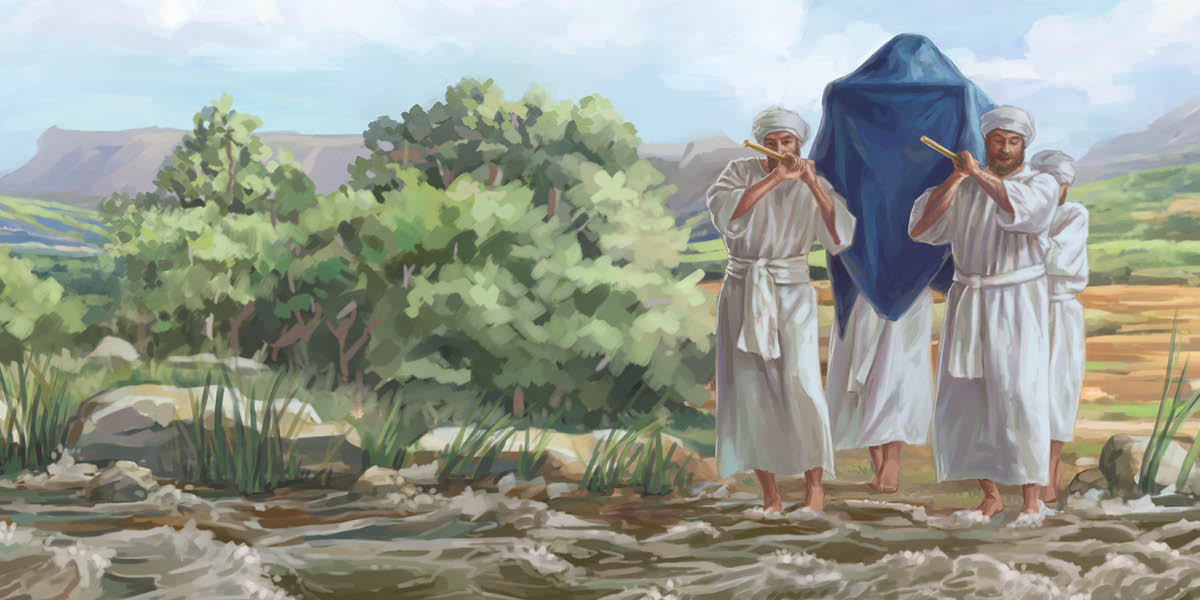 Los sacerdotes entran en las aguas del río Jordán con el Arca.